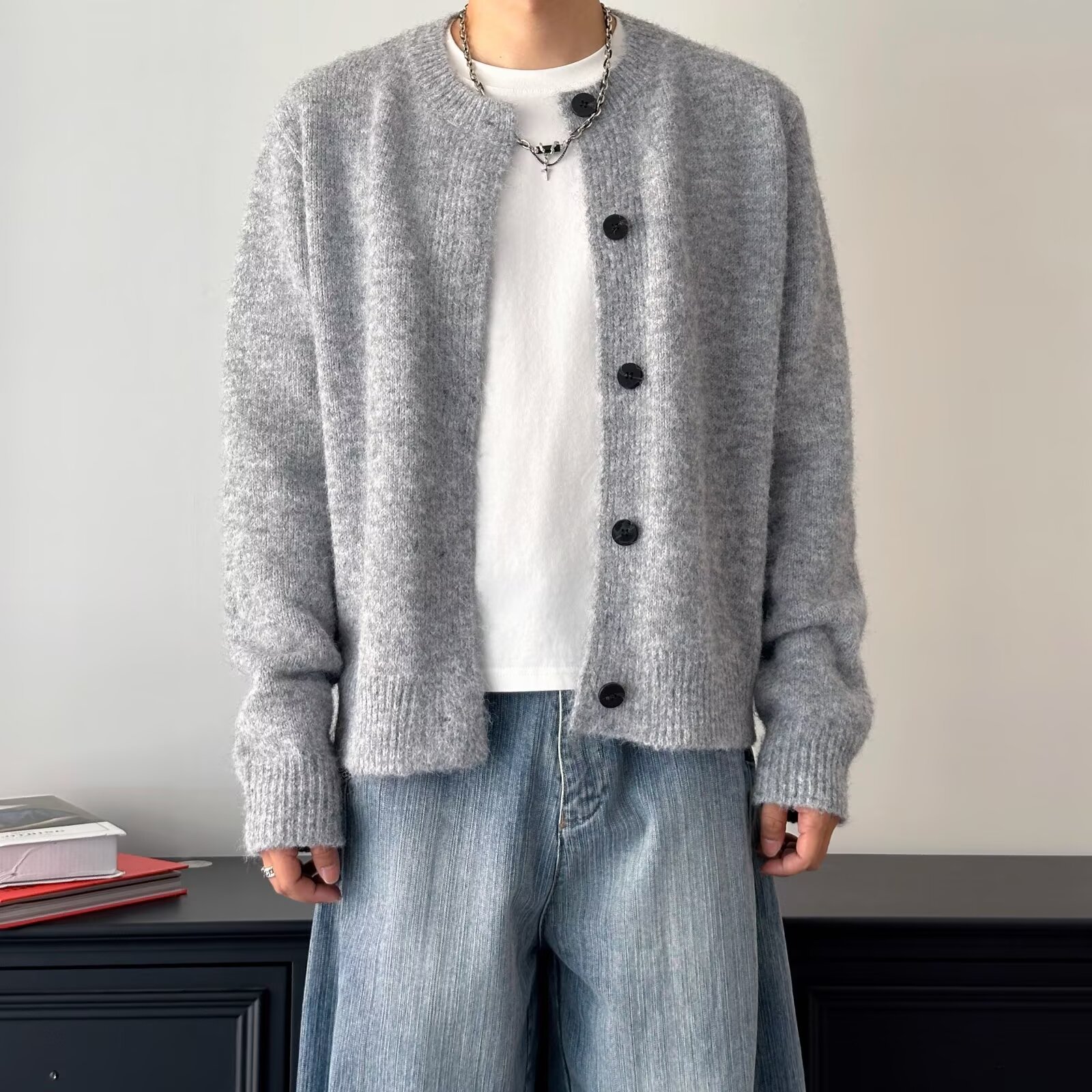 Casual and Relaxed Style Raccoon Fur Sweater Jacket for Men, Autumn and Winter Vintage Loose Design Soft Knitted Cardigan Top