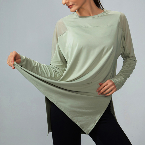 Quick-drying clothing for women, mesh thin, finger-buckle yoga clothing, running sports T-shirts, long-sleeved loose fitness clothing, women's tops