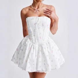 欧美2024冬季新款性感抹胸蕾丝花边连衣裙 系带性感短裙K7-M695A