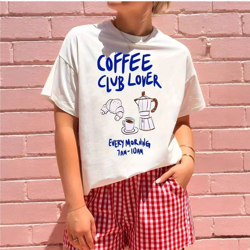 Round Neck Printed Lovers Casual Geometric Pattern Top Club T-Shirt Short Sleeve Coffee