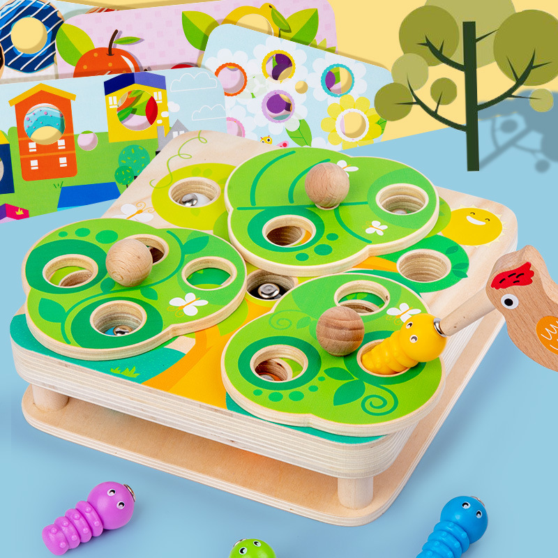Montessori para niños educación temprana juguetes educativos de madera niños 1-2-3 años bebé magnético juego de captura de insectos al por mayor