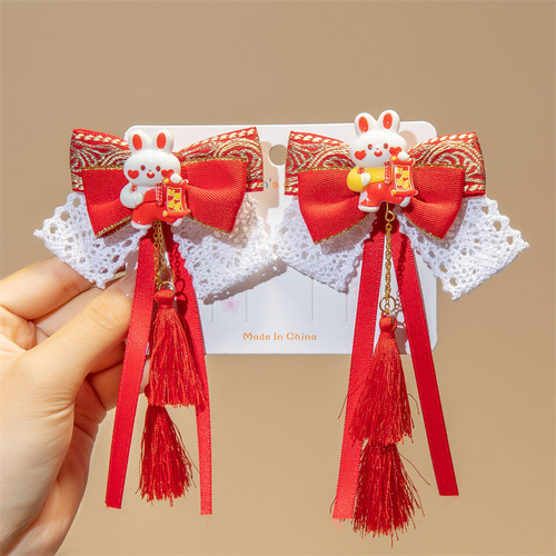 2024 Chinese New Year Cute Butterfly Knot Hair Clip for Girls and Children, Round Bun Hair Clip with Tassel, Festive Hair Accessory