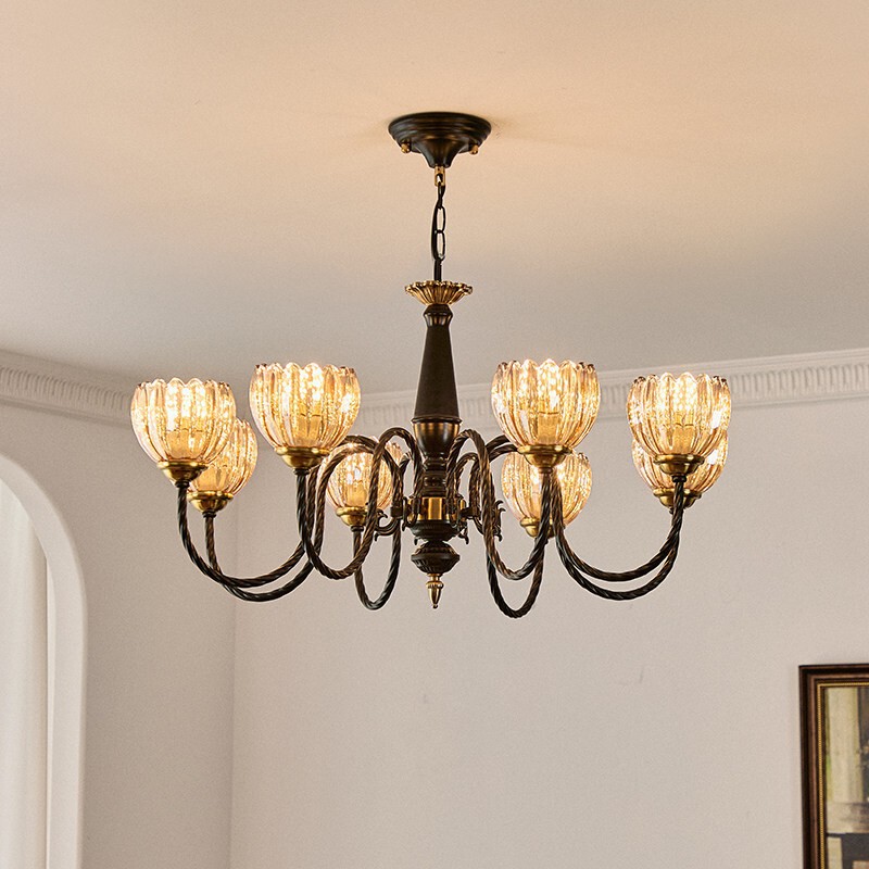 French-Style Vintage Living Room Chandelier, Creative Retro American-Style High-End Petal Glass Bedroom Dining Room Villa Chandelier French-Style Vintage Living Room Chandelier, Creative Retro American-Style High-End Petal Glass Bedroom Dining Room Villa Chandelier