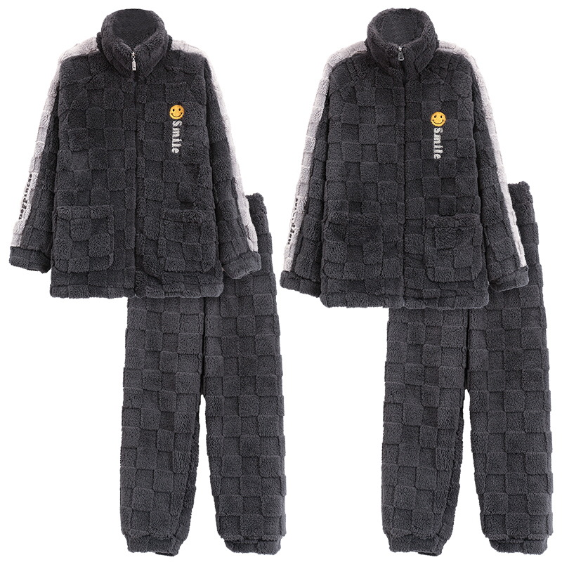 Pijamas de pareja de invierno de las mujeres de coral de lana collar de pie estilo deportivo ligero se puede usar fuera de forro polar engrosada homewear traje de manga larga