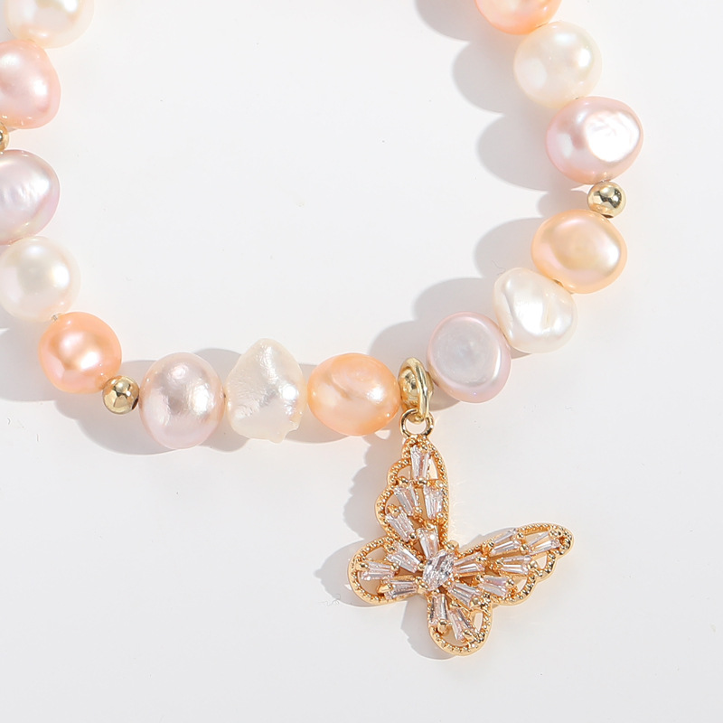 Baroque style Pearl Zircon Butterfly copper 14k gold-plated Adjustable Bracelet