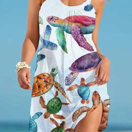 外贸跨境2024夏季新款海底世界海龟3D印花欧美女装休闲吊带连衣裙