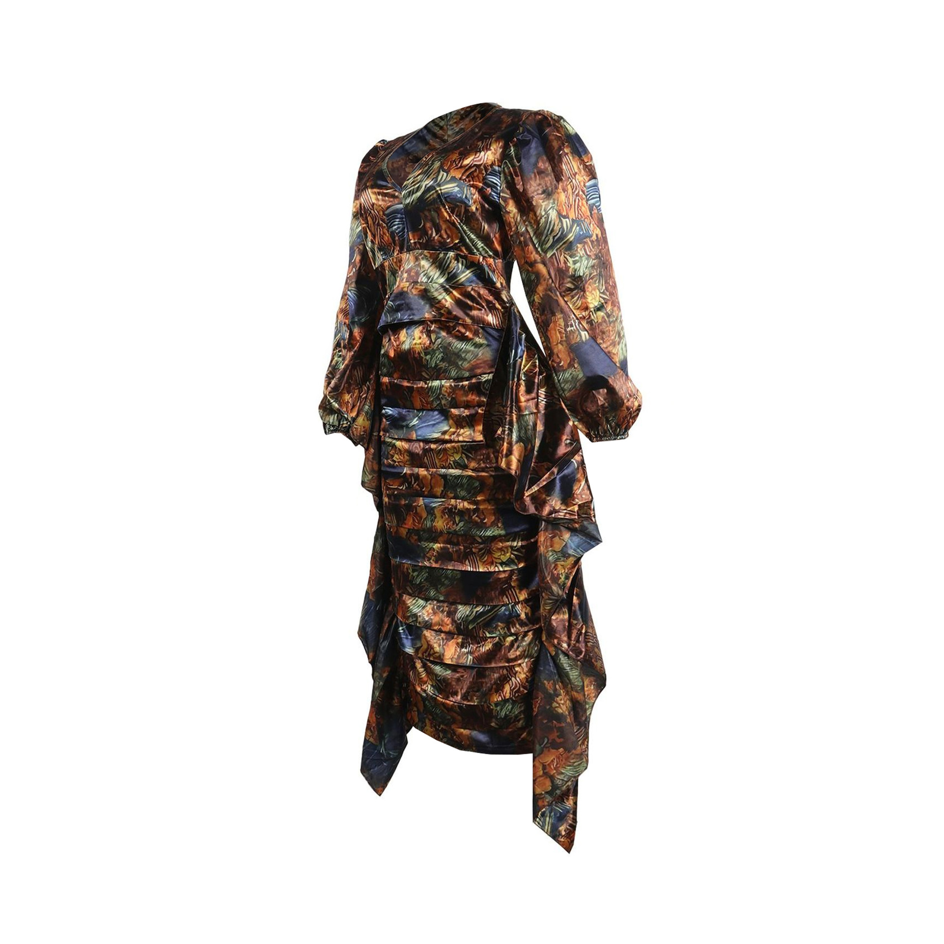 Women's Clothing Sexy Printed Ruffled Lantern Sleeve Hip Hugging Slim Fit Long Sleeve Dress_voghion.com