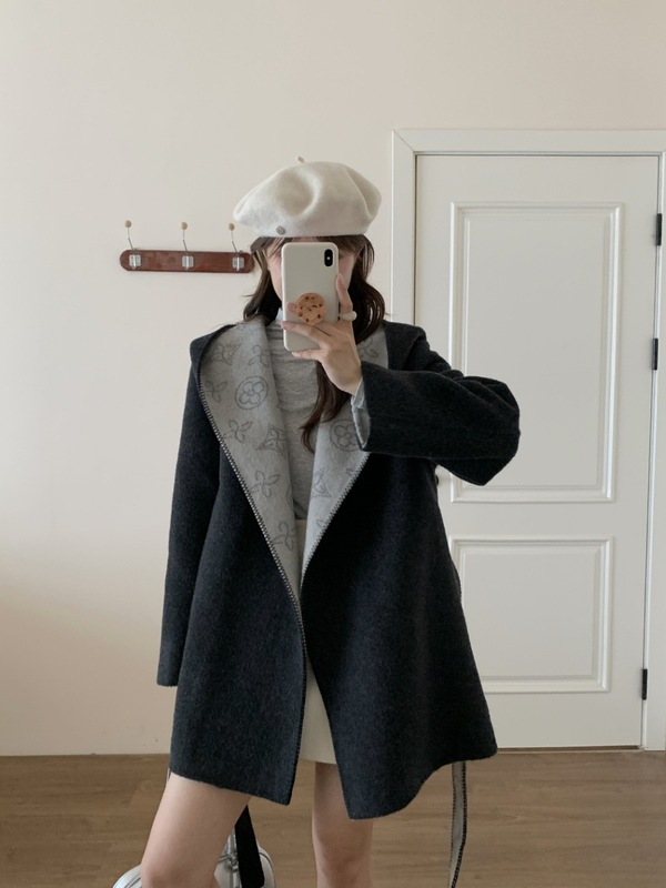 2025新款冬季提花连帽双面羊毛大衣 中长款细带加厚羊毛呢外套女|undefined