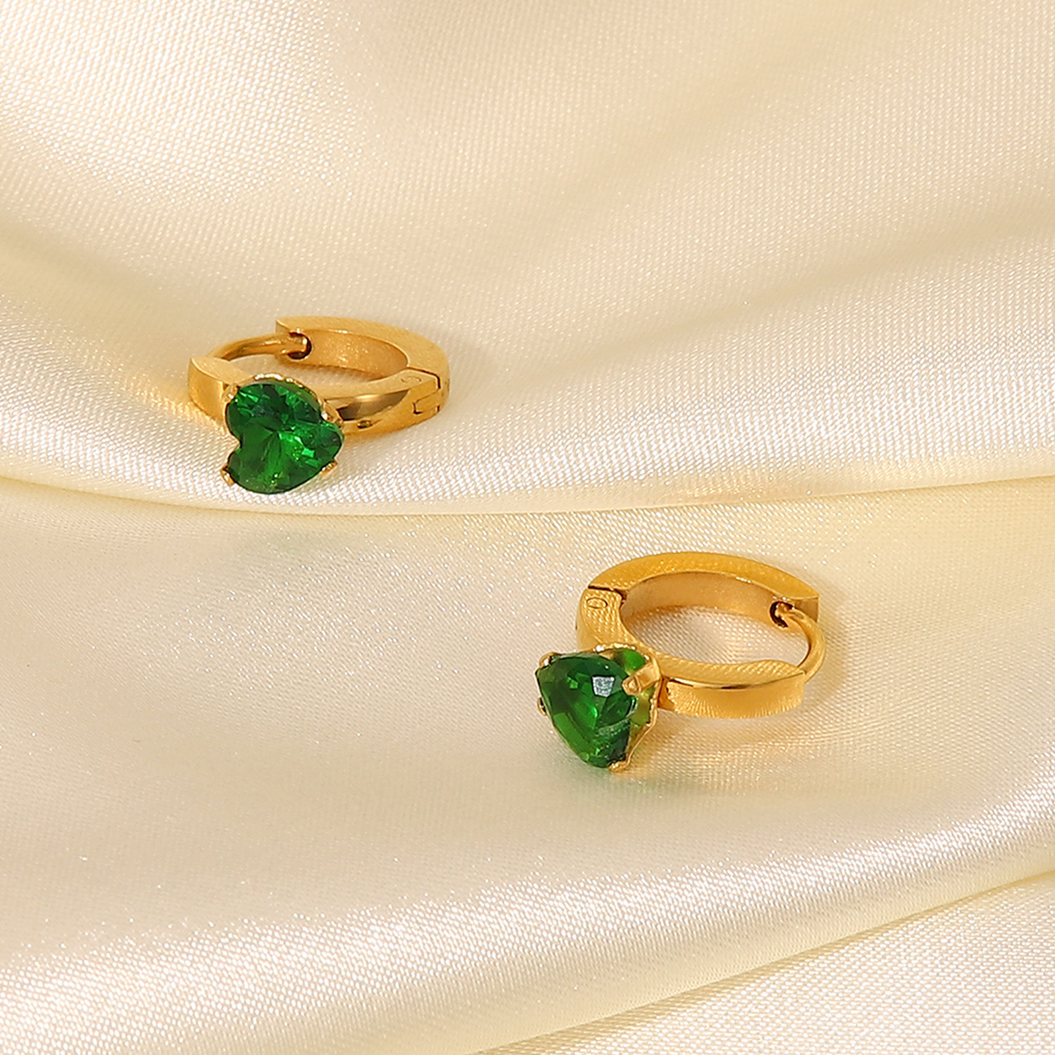Titanium Steel Earrings 18K Gold Plated CShaped Pink Green HeartShaped Zircon Earringspicture3