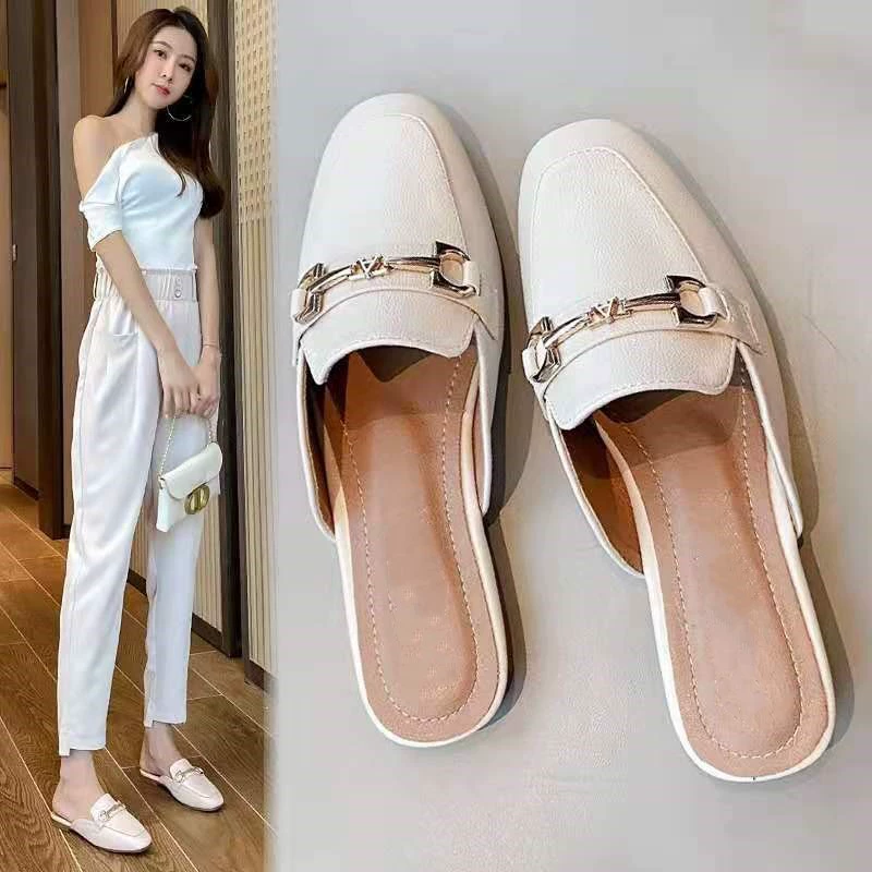 Мягкая кожа с низким каблуком ленивый багаотоу половинная тапочка женская летняя новая английская женская обувь плоская подошва