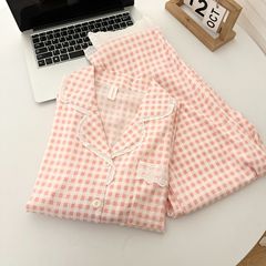 云朵棉睡衣女款春秋季韩版甜美公主风格子花边长袖休闲家居服套装