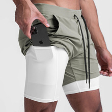 跨境雙層短褲男美式運動速干2合1跑步短褲手機暗袋多口袋設計批發