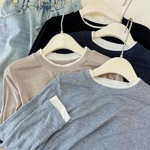 商场撤回～尾货清仓拼接假两件软绵长袖t恤女正肩叠穿撞色上衣