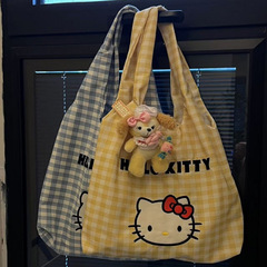 新しいかわいいスタイルのキティ猫チェック柄ポータブルショルダークロスボディバッグ夏の通勤大容量新しいインスタイル