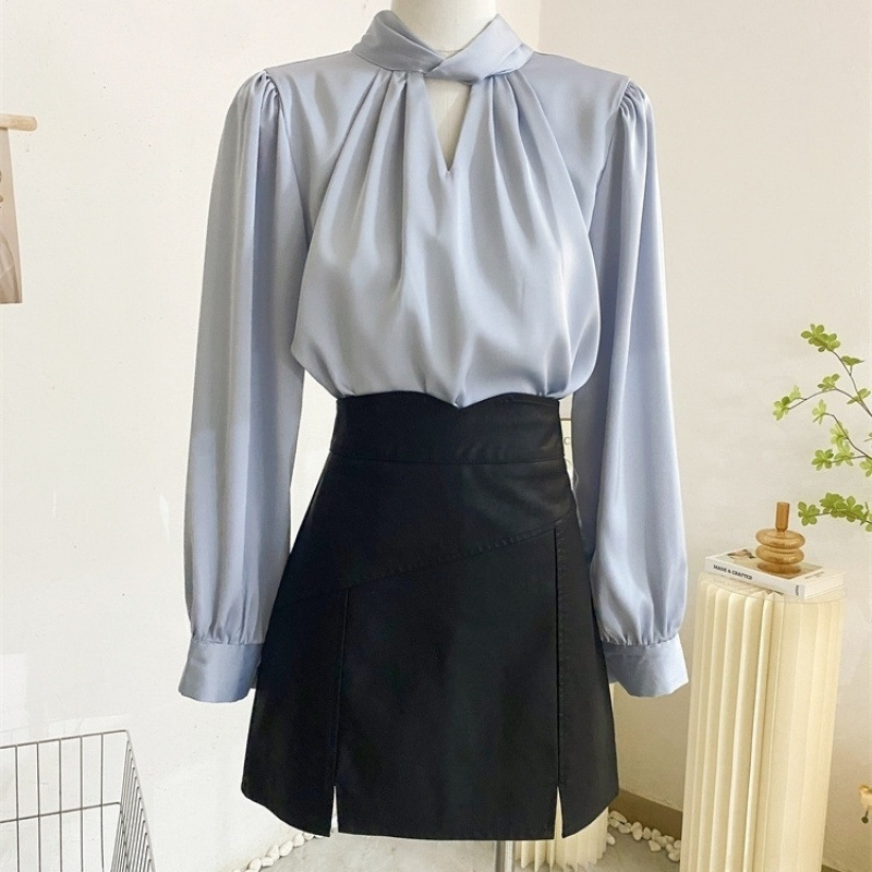 女性用のフランスの高級ドレープシャツ、ニッチなデザイン、秋冬のボトムス長袖シャツ|undefined