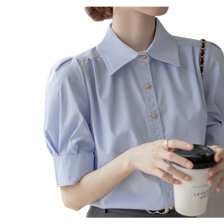 2025 夏フレンチパフスリーブ通勤半袖トップブルー女性面接フォーマルウェアプロフェッショナル