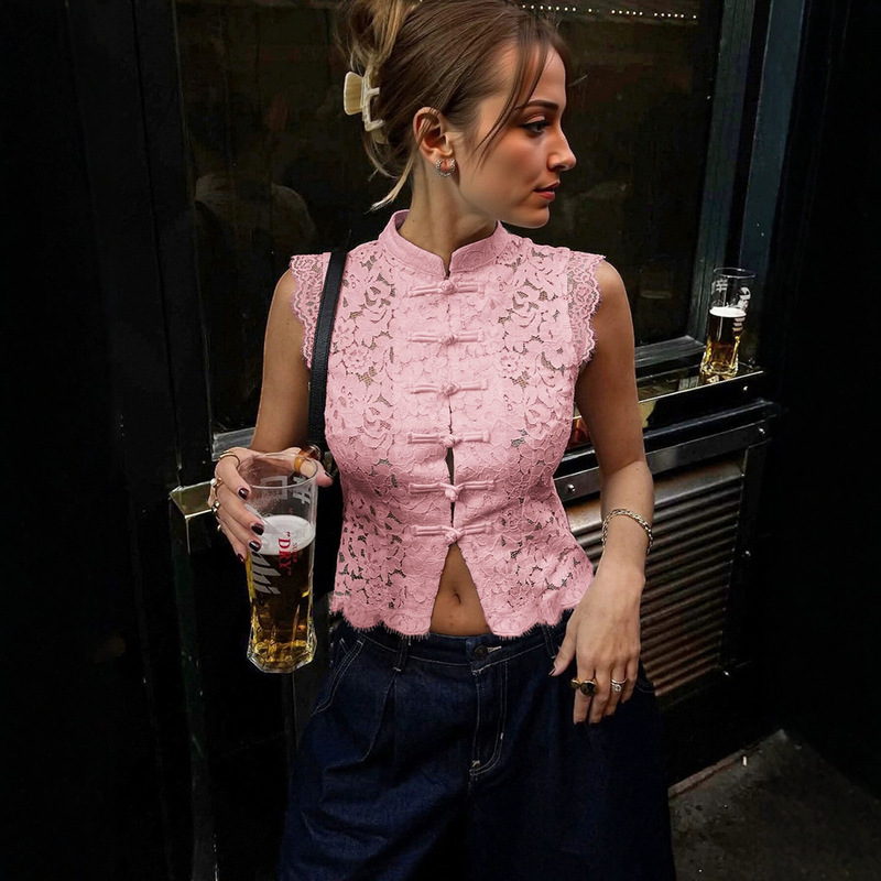 European and American Style Women's Shirts, Solid Color, Slim Fit, Comfortable, Elegant, Lace Hollow-Out Sleeveless Shirt, New Chinese Style, Overseas Warehouse