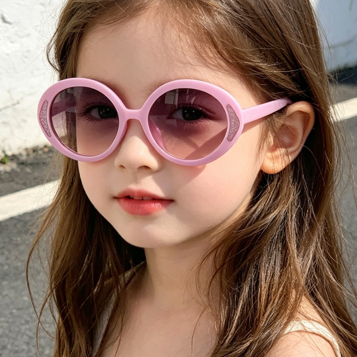 Gafas de sol infantiles con montura ovalada de purpurina fina de colores dulces, estilo callejero, para bebés, de moda, con protección solar.