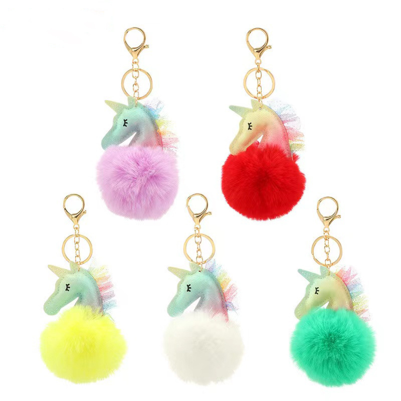 Fantasy lace unicorn fur ball keychain glitter PU leather plush bag keychain pendant