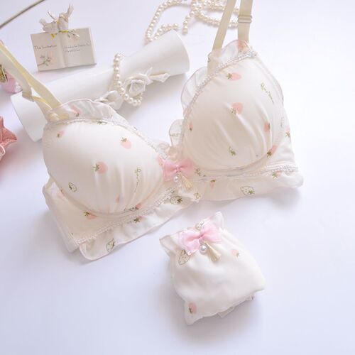 Long-term Japanese two-color water-soluble embroidered film cup without rims fresh girl cute push-up underwear bra set