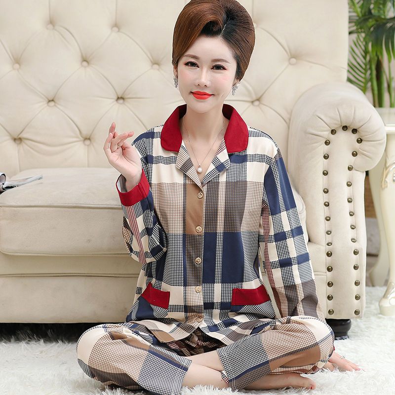 Primavera y otoño pijamas mujeres de mediana edad y madres ancianas 100% algodón de manga larga Chaqueta de punto traje suelto más tamaño ropa para el hogar