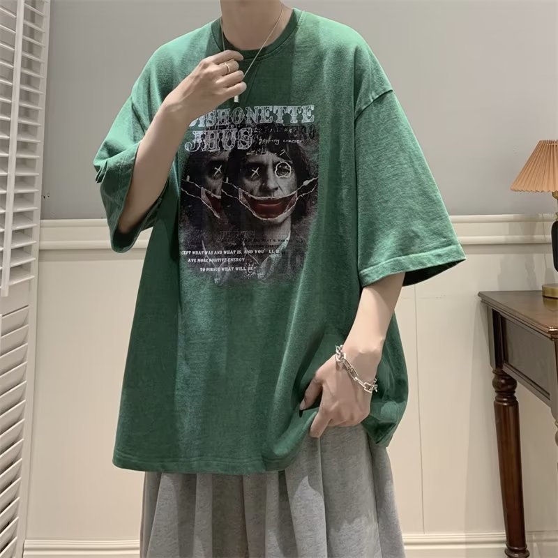 Camiseta de manga corta de algodón de la marca de moda de la calle alta estadounidense para hombres verano retro marea casual lavado viejo media manga guapo camiseta