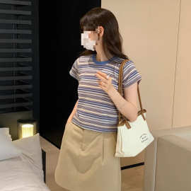 加工定制可加刺绣印花180克纯棉条纹短袖T恤女夏2026短款修身正肩