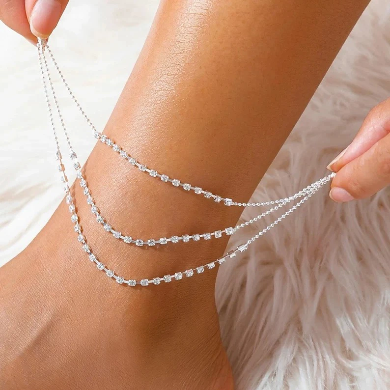 Европейские и американские трансграничные украшения, модные трехслойные цепочки со стразами, цепочка с когтями, браслет, индивидуальный флэш, алмазная цепочка с круглыми бусинами, пляжный ножной браслет