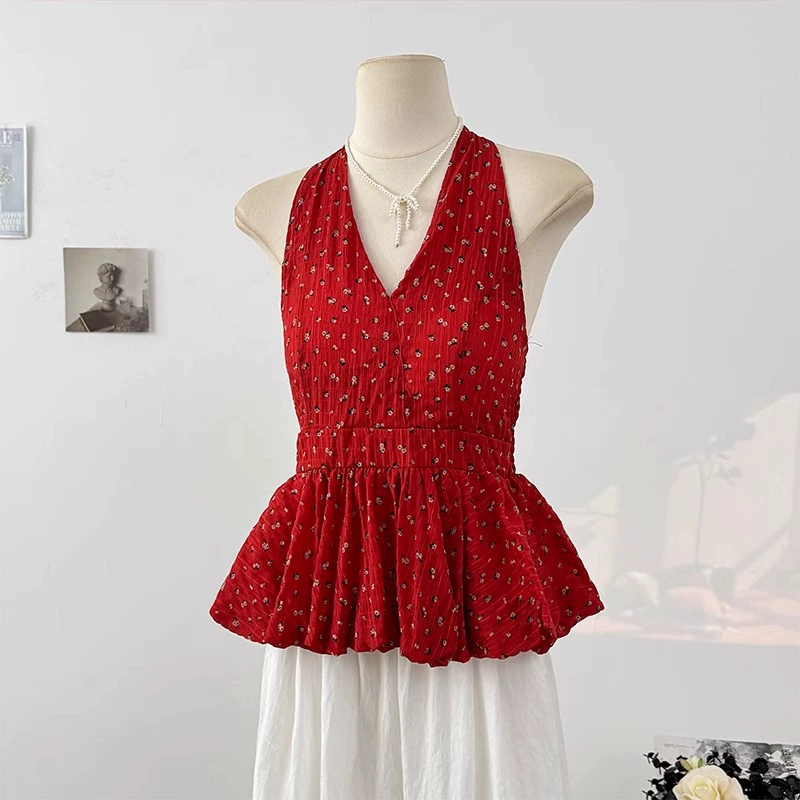 Pure Desire без рукавов с лямкой на шее и шнуровкой, v-образным вырезом, рубашка с цветочным принтом, женская летняя плиссированная юбка с открытой спиной и рюшами, топ 2025 г.