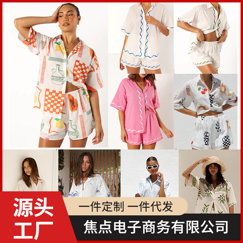 2024 Spring/Summer Amazon European and American Cross-Border Fashion Women's Printed Loose Short-Sleeve Shirt Short Pod One-Piece Customization