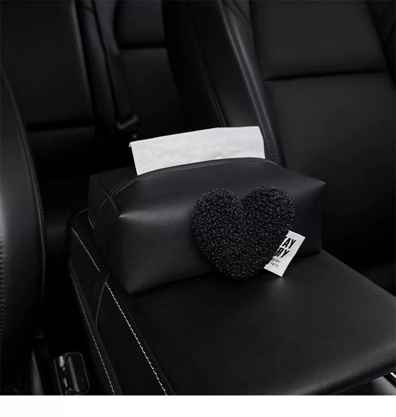 Plush heart-shaped car tissue box, car interior armrest tissue holder, car center console tissue bag, with a luxurious feel