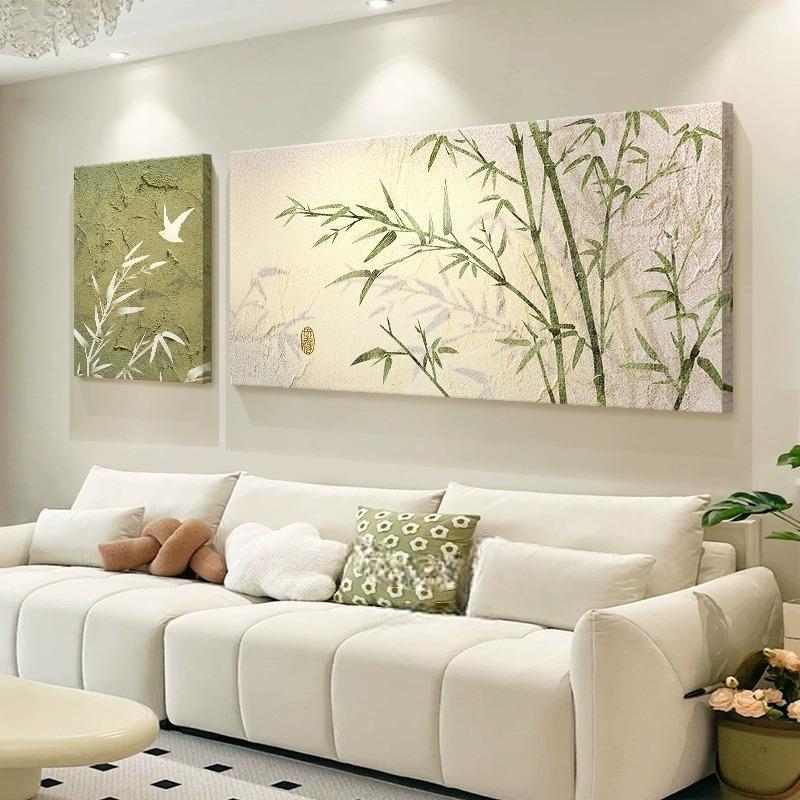 Cream-Style Living Room Decorative Painting Bamboo New Chinese Style Sofa Background Wall Hanging Painting Double Mural Suitable for Large White Walls