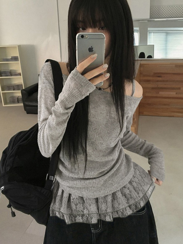 韩版辣妹微透斜领薄款露肩针织罩衫女夏季假两件蕾丝抽褶收腰上衣|undefined