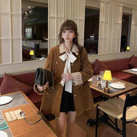 甜辣妹韩系复古棕色外套女装秋冬设计感别致蕾丝边小个子外搭上衣