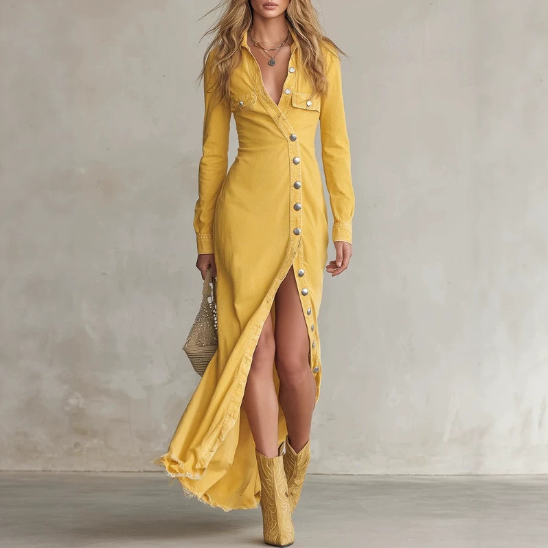 European and American cross-border independent website vintage western-style diagonal button slit denim dress