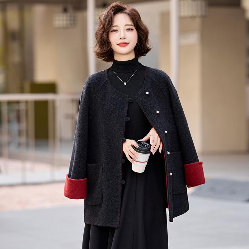 양면 양모 코트 여성 가을 겨울 패션 헵번 스타일 느슨한 슬리밍 라운드 넥 잘 생긴 우아한 울 코트