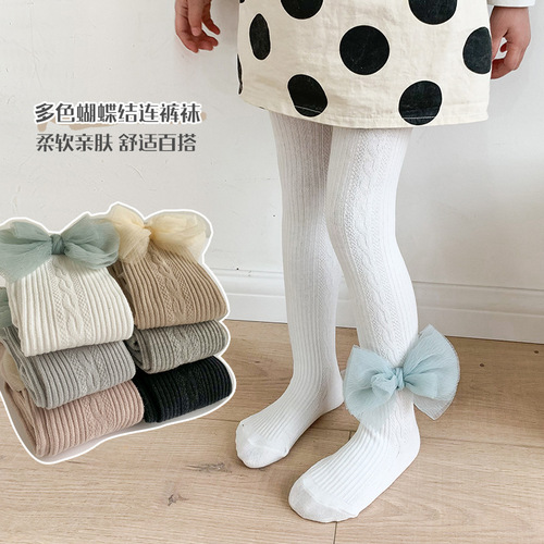 Children's pantyhose baby spring and autumn baby leggings gauze bow striped body stockings girls leggings wholesale