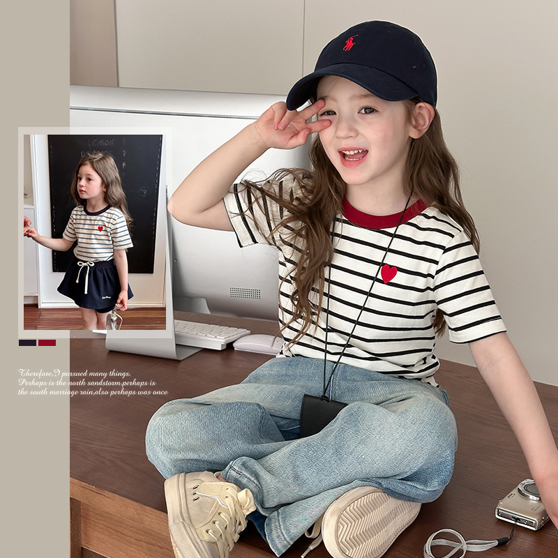 Aimo Beibei Children's Striped Short-Sleeve Summer Girls' Korean-Style Trendy Color-Block Embroidered Heart T-Shirt