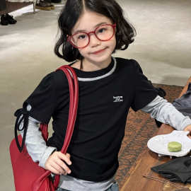2026秋季新款女童韩版设计感拼接假两件长袖T恤圆领中大童打底衫