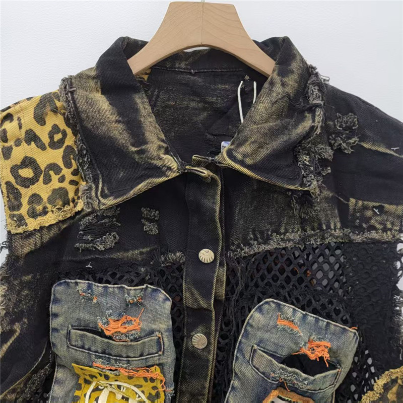 Diseño humedad personalidad cool color contrastante empalme para hacer viejos chalecos de vaqueros primavera y verano 2025 nuevo estilo de moda extranjera hombros image 3