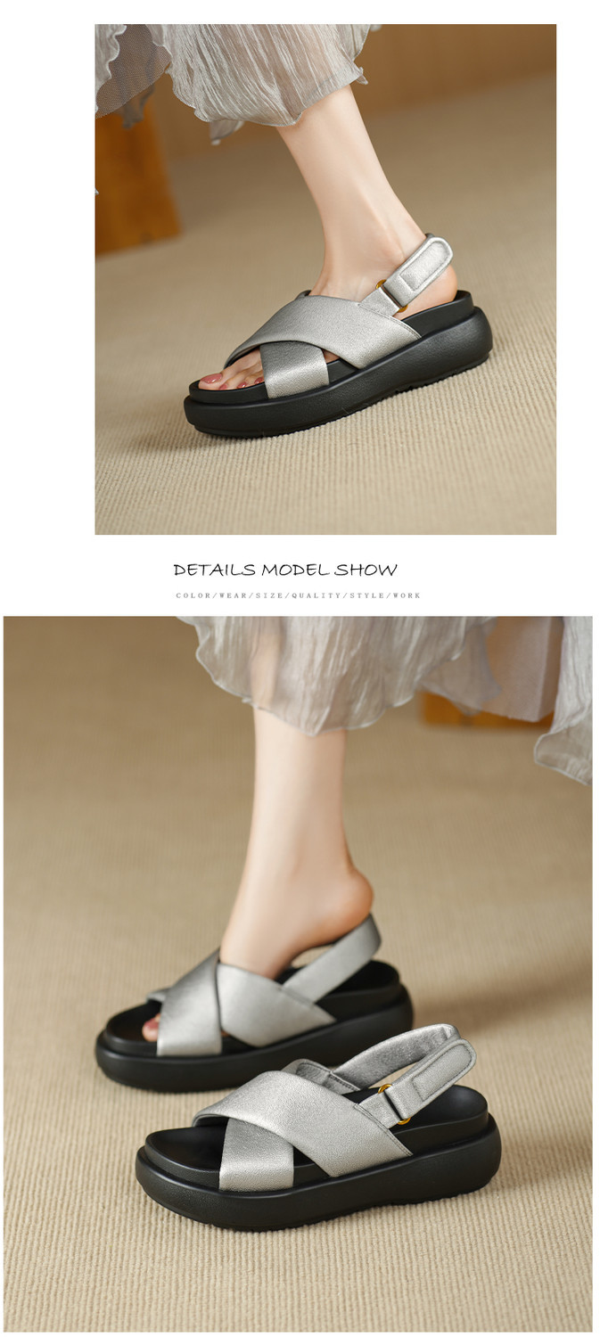 Dép sandal nữ đế xuồng quai hậu mùa hè mới thời trang, thoải mái, đa năng, đế dày, tăng chiều cao, kiểu dáng mở mũi — đen, bạc chi tiết 5