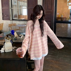 Jinliang 公式写真 [既製品 + オリジナル生地] リラックス、ルーズ、多用途、カラーブロックストライプニット長袖 T ピンク