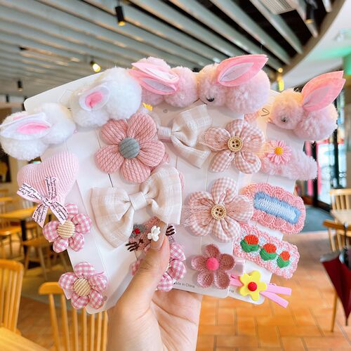 Children's hair accessories cute duckbill clip plush bunny female cartoon wool flower set side bangs hair accessories clip