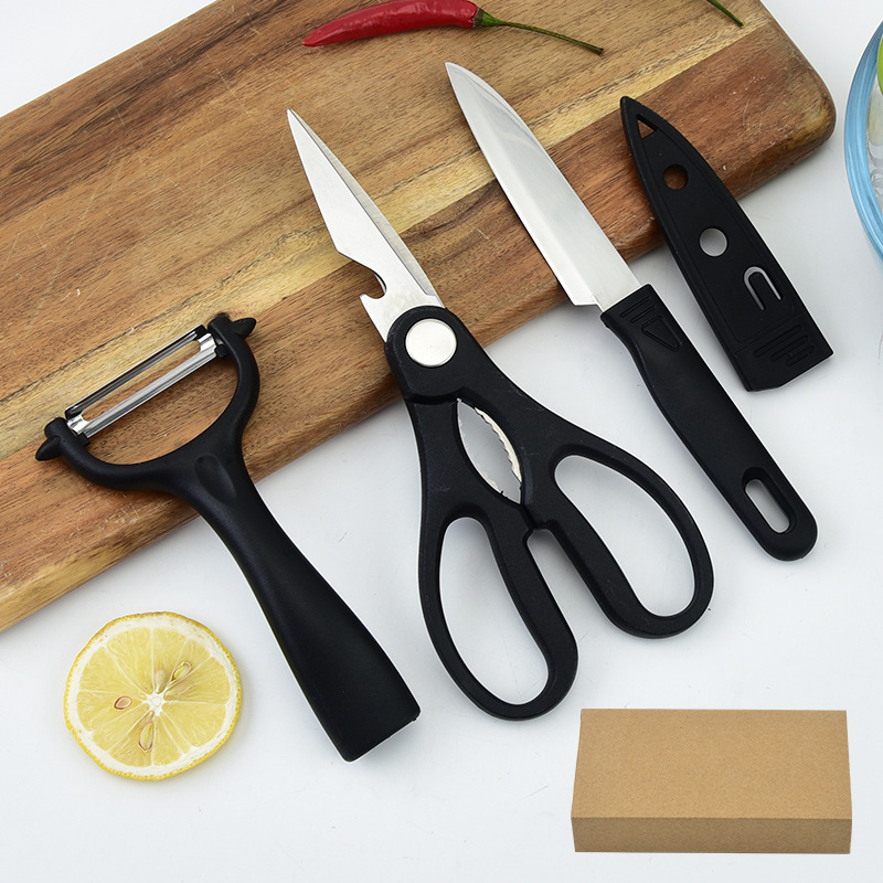 Comercio exterior Venta caliente tijeras de cocina de tres piezas conjunto hogar cuchillo de cocina traje con cuchillo de fruta cuchillo melón cepilladora peeling