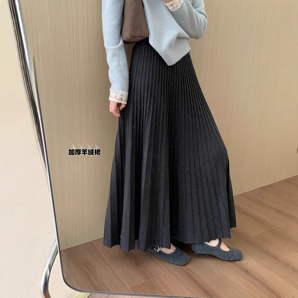 高腰显瘦羊绒加厚百褶半身裙秋冬季新款韩版中长款休闲淑女风伞裙