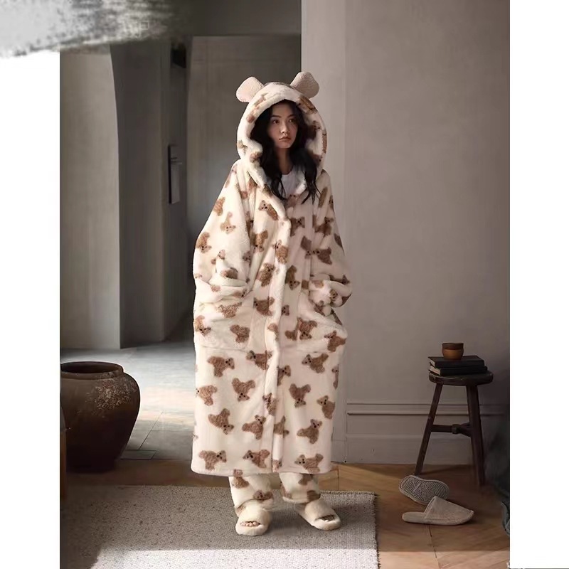 Pijamas de oso para mujer otoño e invierno nuevo estilo franela servicio a domicilio vellón de coral grueso camisón largo traje de princesa dulce