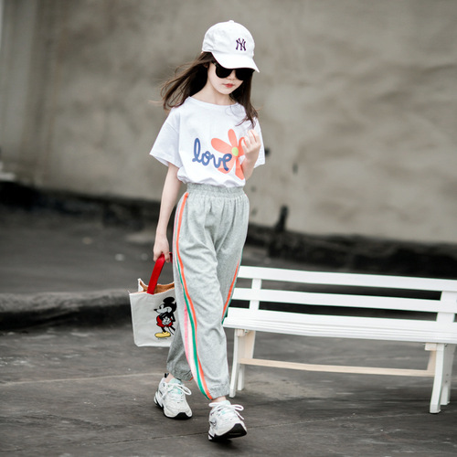 Pure cotton girls casual sports suit 2024 spring and summer new style big children's fashionable Internet celebrity short-sleeved two-piece set