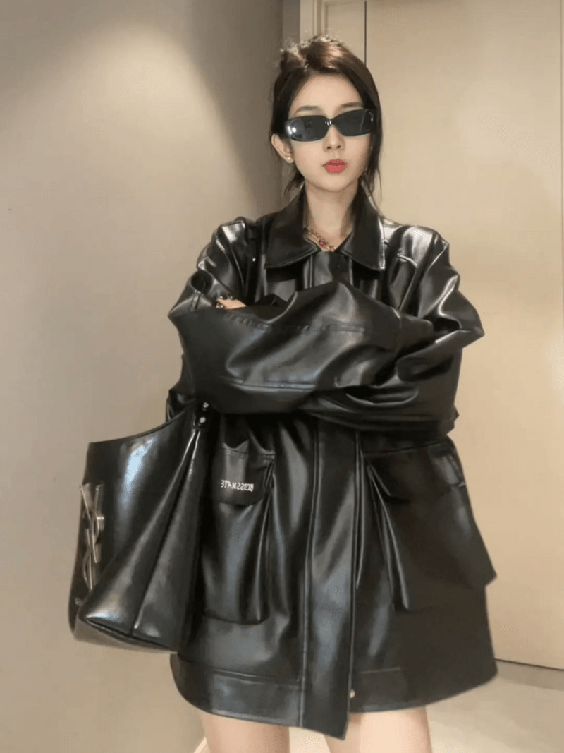 Hong Kong Style Leather Jacket Women's Motorcycle Jacket Spring, Autumn and Winter Fashion Trendy Leather Jacket Casual Flesh-Covering Large Size Ins Style