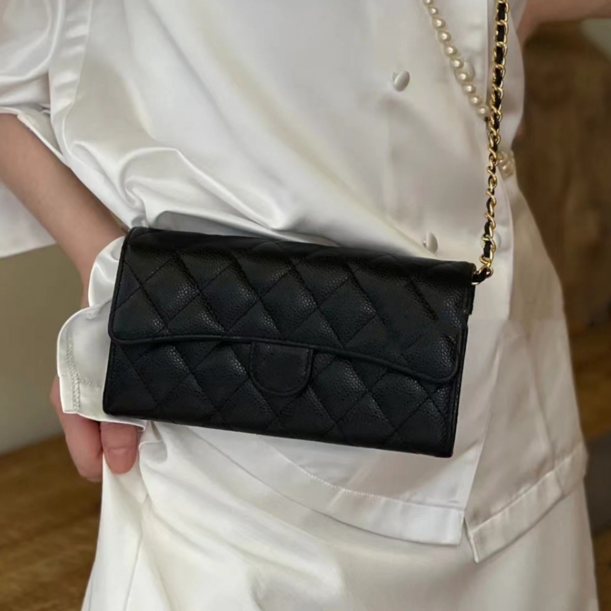 정품 가죽 여성 가방 샤넬 스타일 미니백 숄더백 크로스백 캐비어 가죽 롱형 동전지갑 다용도