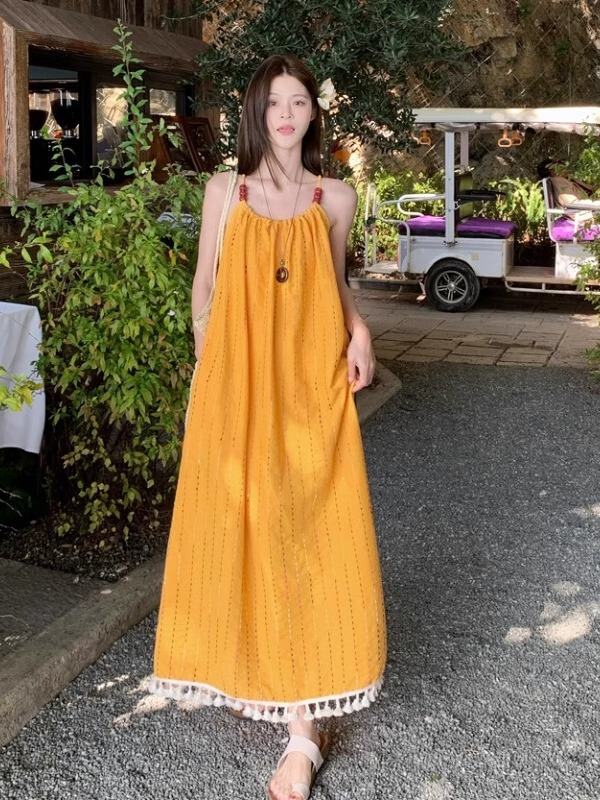 [Original Fabric] Yellow Tassel Suspender Dress for Women in Summer, High-End and Super Good-Looking Seaside Vacation Long Dress